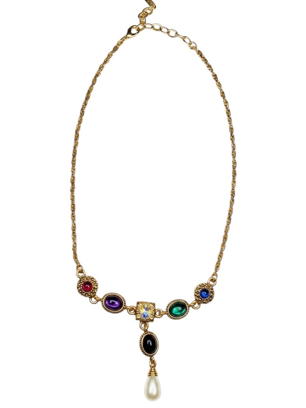 Vendome Vintage Signed Gold Tone Cabochon Aurora Borealis AB Pearl Necklace